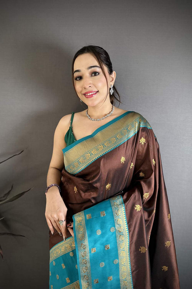 Brown Banarasi Floral Zari Woven Soft Silk Saree (JK13207)