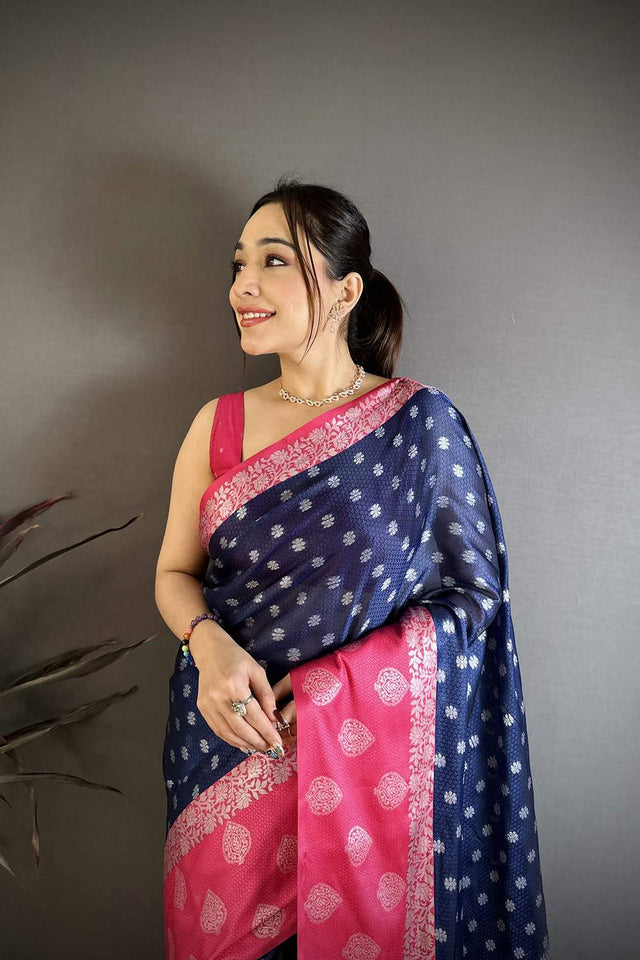 Navy Blue Banarasi Floral Zari Woven Soft Silk Saree (JK13301)