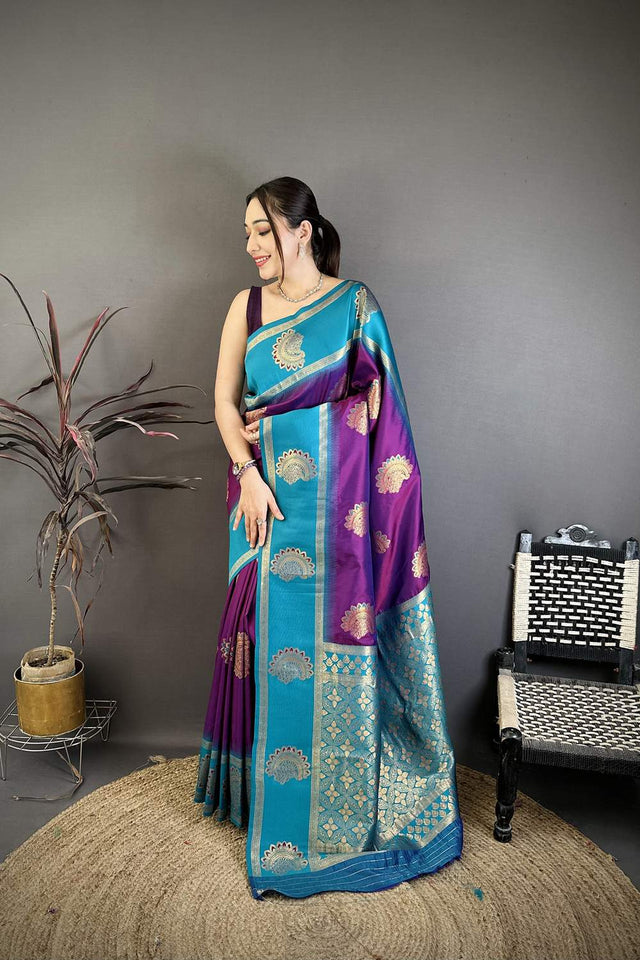 Violet Gold Zari Woven Soft Silk Saree (JK13503)
