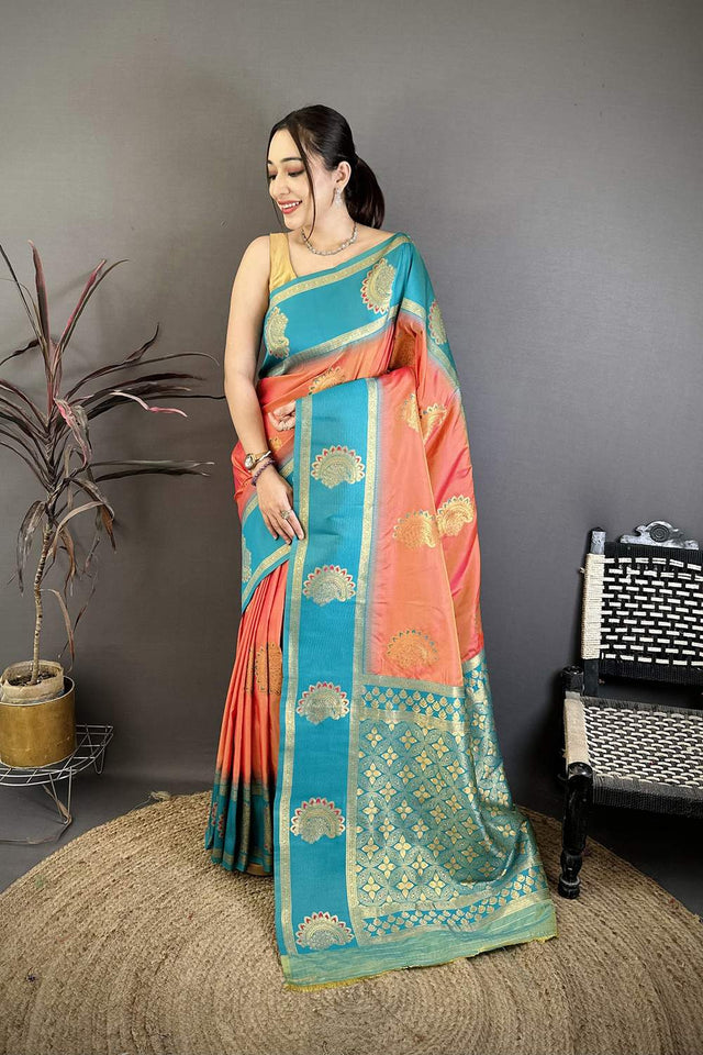Peach Gold Zari Woven Soft Silk Saree (JK13504)
