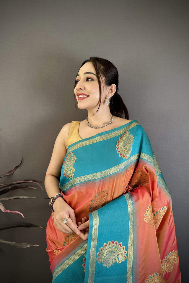 Peach Gold Zari Woven Soft Silk Saree (JK13504)