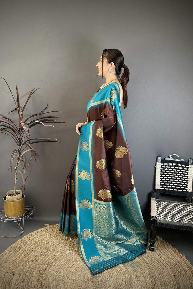 Brown Gold Zari Woven Soft Silk Saree (JK13505)