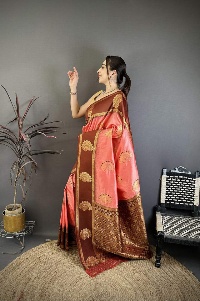 Peach Gold Zari Woven Soft Silk Saree (JK13506)