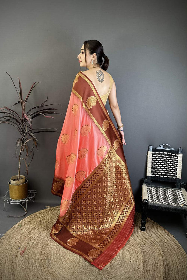 Peach Gold Zari Woven Soft Silk Saree (JK13506)