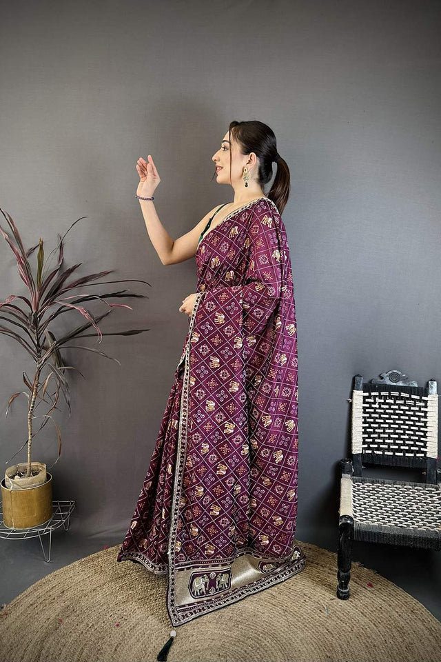 Wine Bandhani Printed with Zari Woven Border Silk Saree (JK13601)