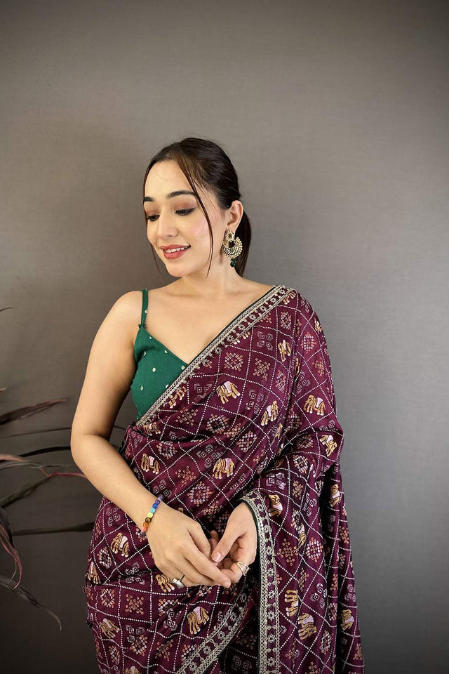 Wine Bandhani Printed with Zari Woven Border Silk Saree (JK13601)