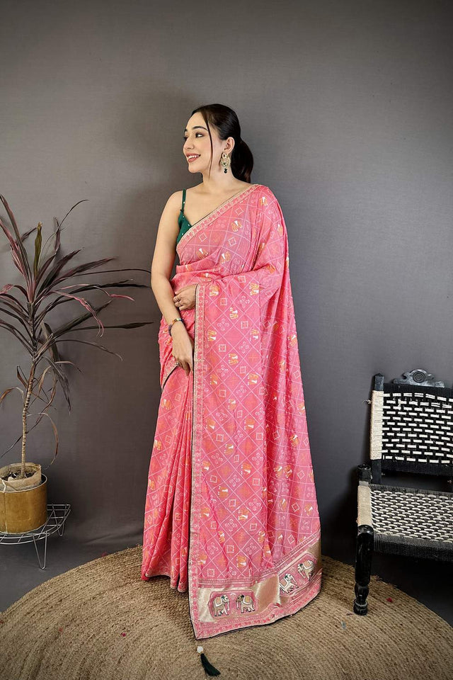 Light Pink Bandhani Printed with Zari Woven Border Silk Saree (JK13602)