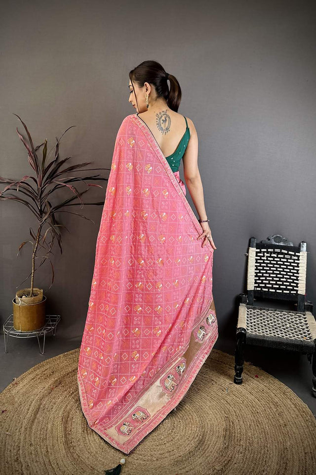 Light Pink Bandhani Printed with Zari Woven Border Silk Saree (JK13602)