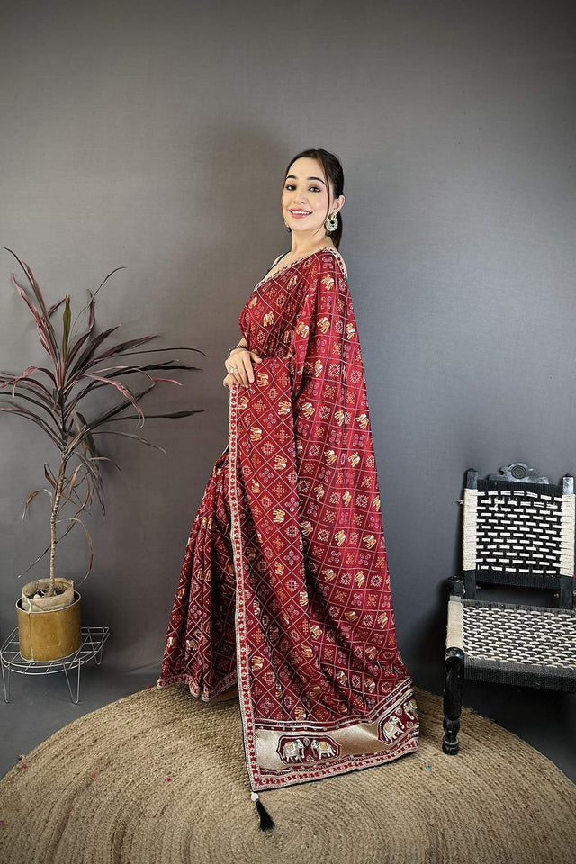 Maroon Bandhani Printed with Zari Woven Border Silk Saree (JK13603)