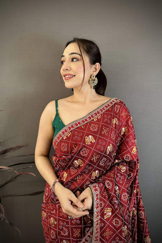 Maroon Bandhani Printed with Zari Woven Border Silk Saree (JK13603)