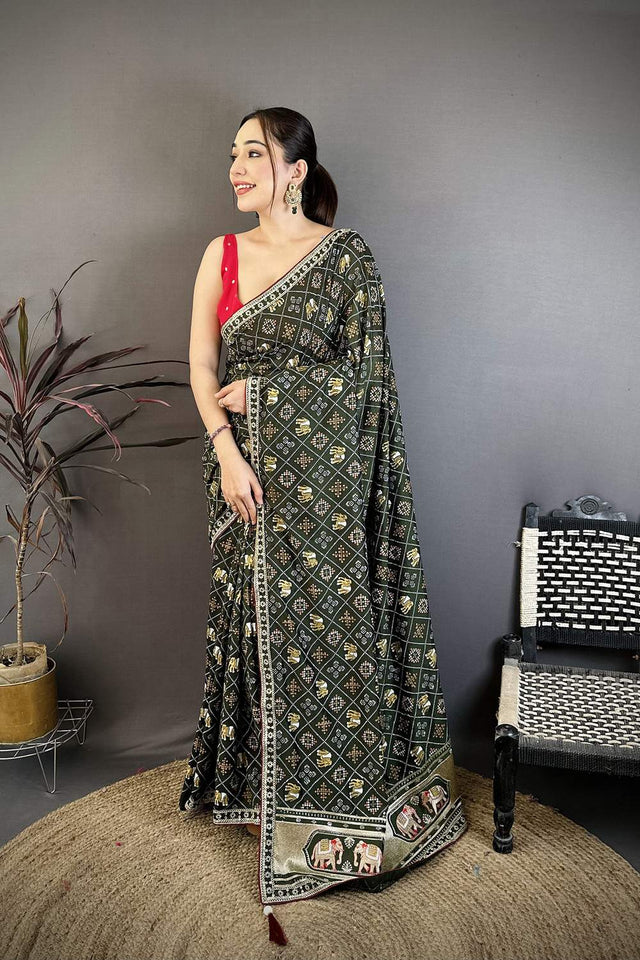 Dark Green Bandhani Printed with Zari Woven Border Silk Saree (JK13604)