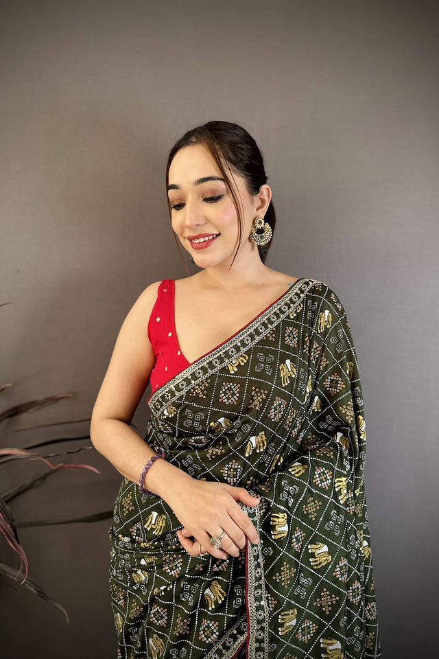 Dark Green Bandhani Printed with Zari Woven Border Silk Saree (JK13604)