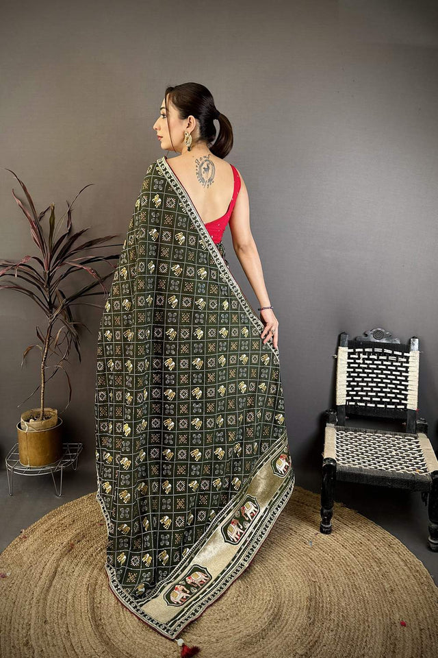 Dark Green Bandhani Printed with Zari Woven Border Silk Saree (JK13604)