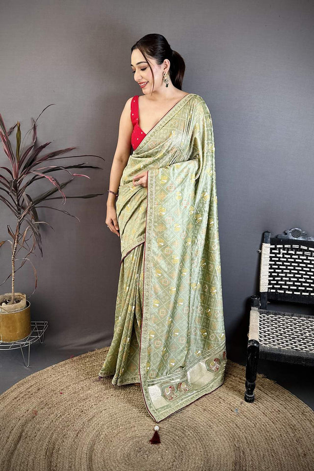 Green Bandhani Printed with Zari Woven Border Silk Saree (JK13605)