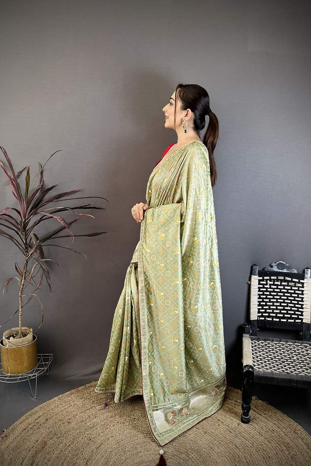 Green Bandhani Printed with Zari Woven Border Silk Saree (JK13605)