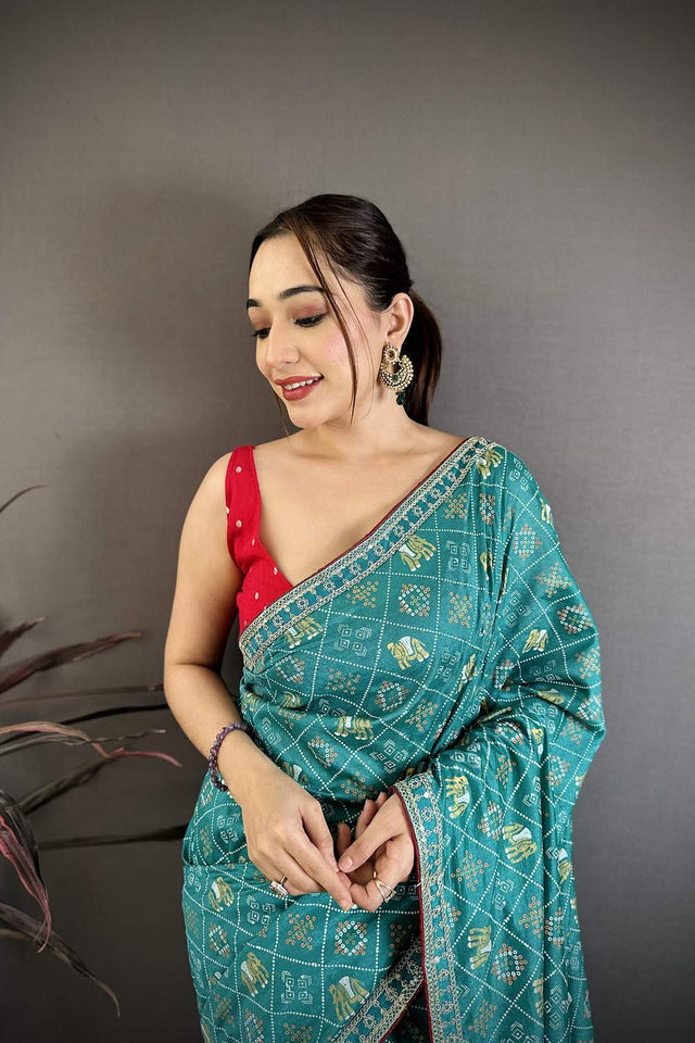 Green Bandhani Printed with Zari Woven Border Silk Saree (JK13606)