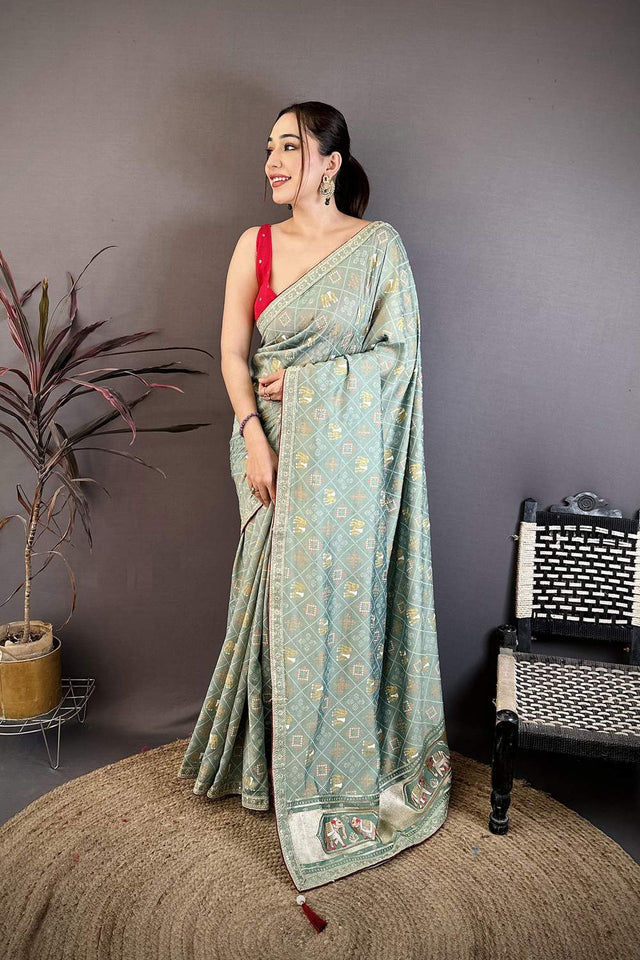 Sea Green Bandhani Printed with Zari Woven Border Silk Saree (JK13607)