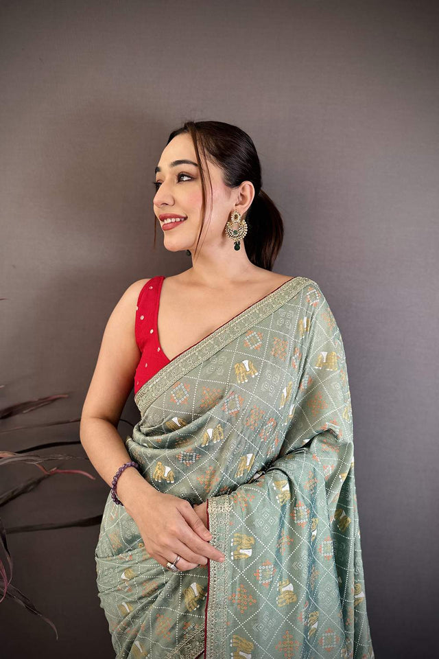 Sea Green Bandhani Printed with Zari Woven Border Silk Saree (JK13607)