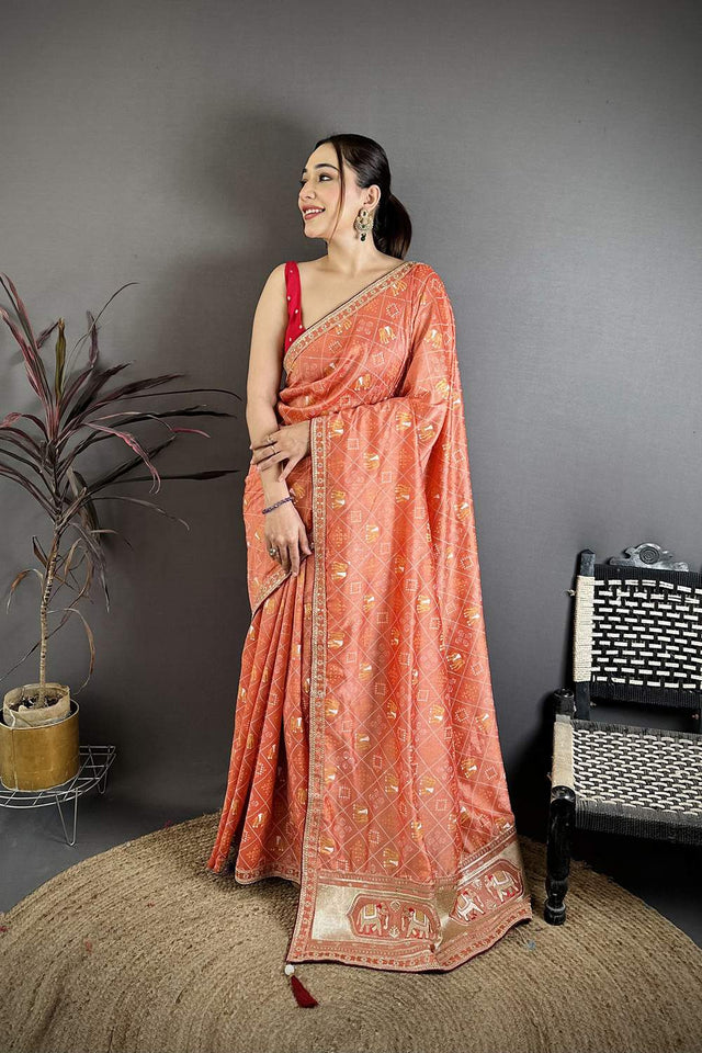 Peach Bandhani Printed with Zari Woven Border Silk Saree (JK13608)