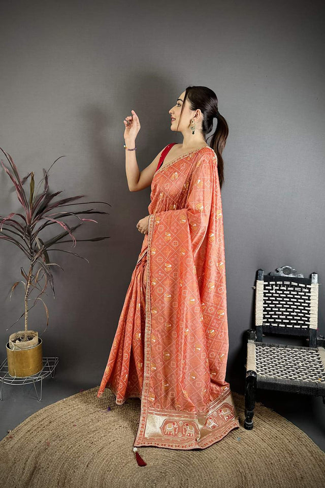 Peach Bandhani Printed with Zari Woven Border Silk Saree (JK13608)