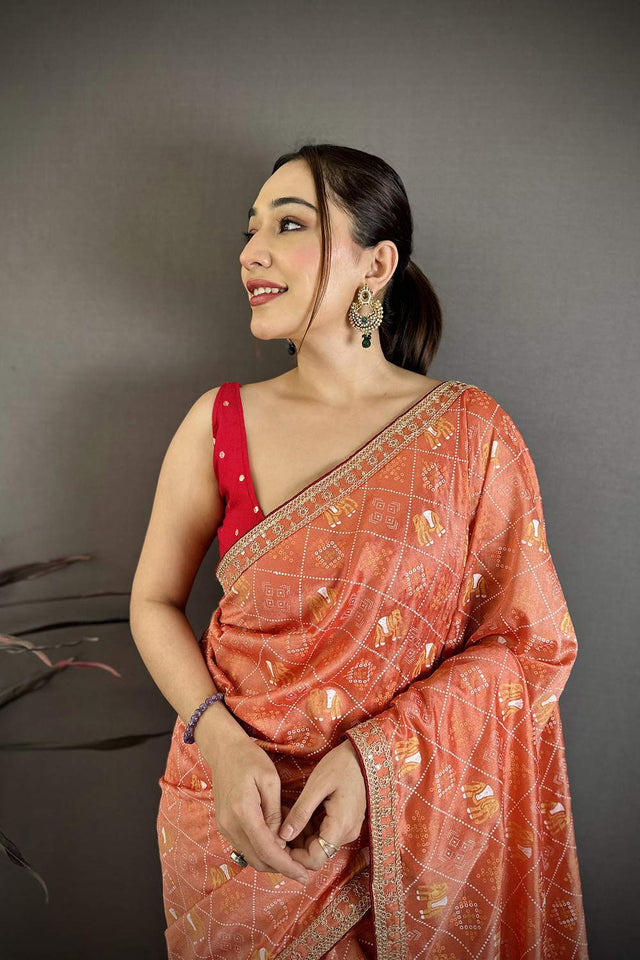 Peach Bandhani Printed with Zari Woven Border Silk Saree (JK13608)