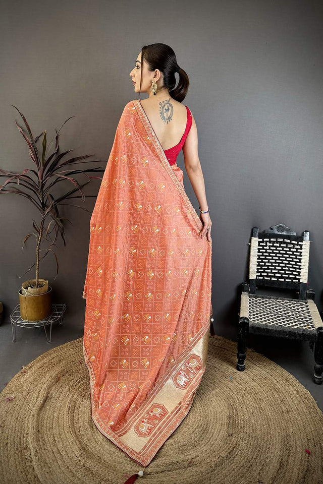 Peach Bandhani Printed with Zari Woven Border Silk Saree (JK13608)