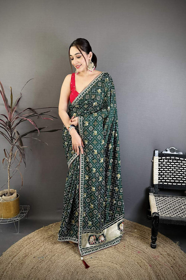 Green Bandhani Printed with Zari Woven Border Silk Saree (JK13609)