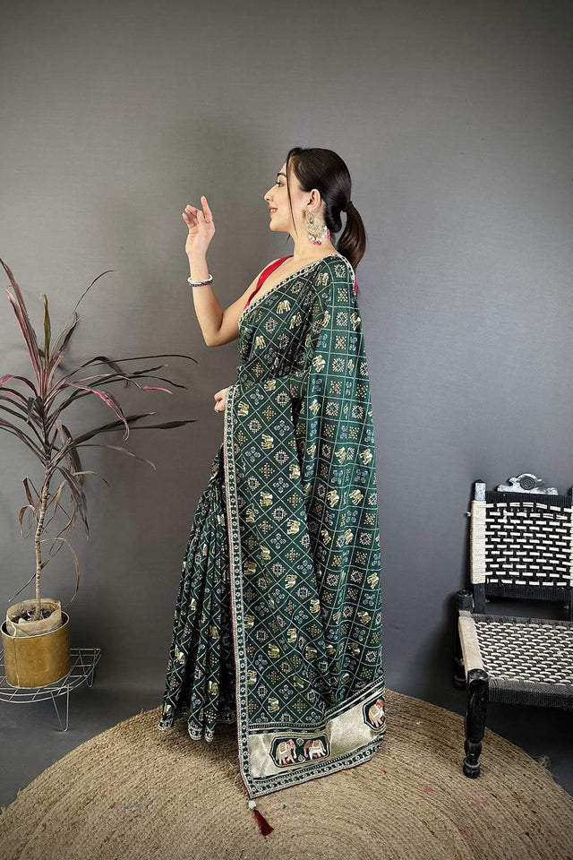 Green Bandhani Printed with Zari Woven Border Silk Saree (JK13609)