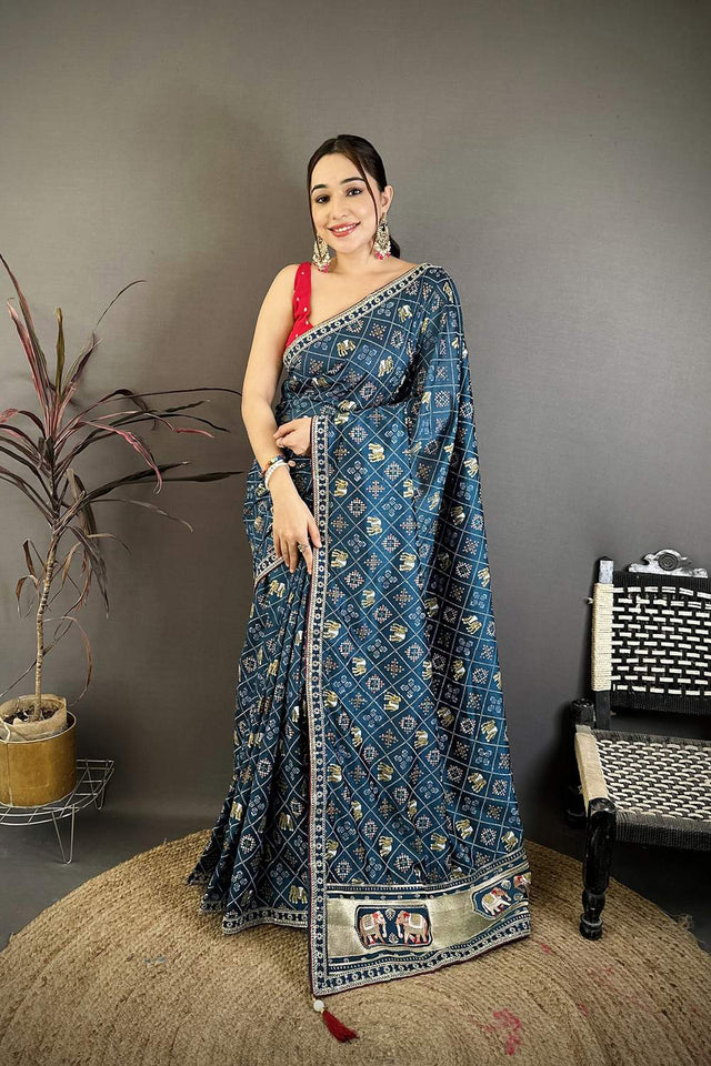Turquoise Bandhani Printed with Zari Woven Border Silk Saree (JK13610)