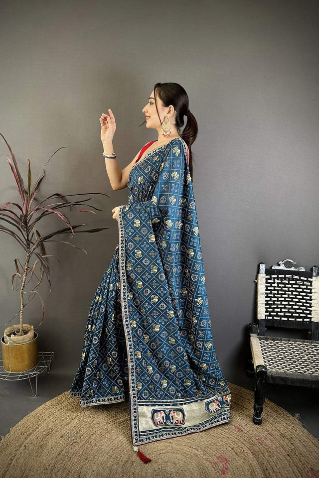 Turquoise Bandhani Printed with Zari Woven Border Silk Saree (JK13610)