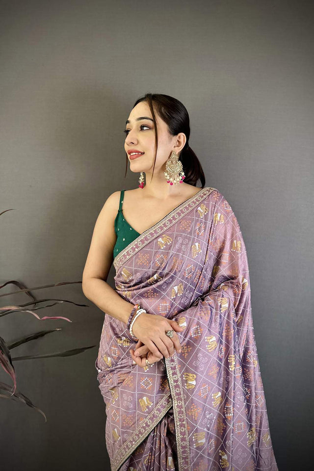 Lavender Bandhani Printed with Zari Woven Border Silk Saree (JK13611)