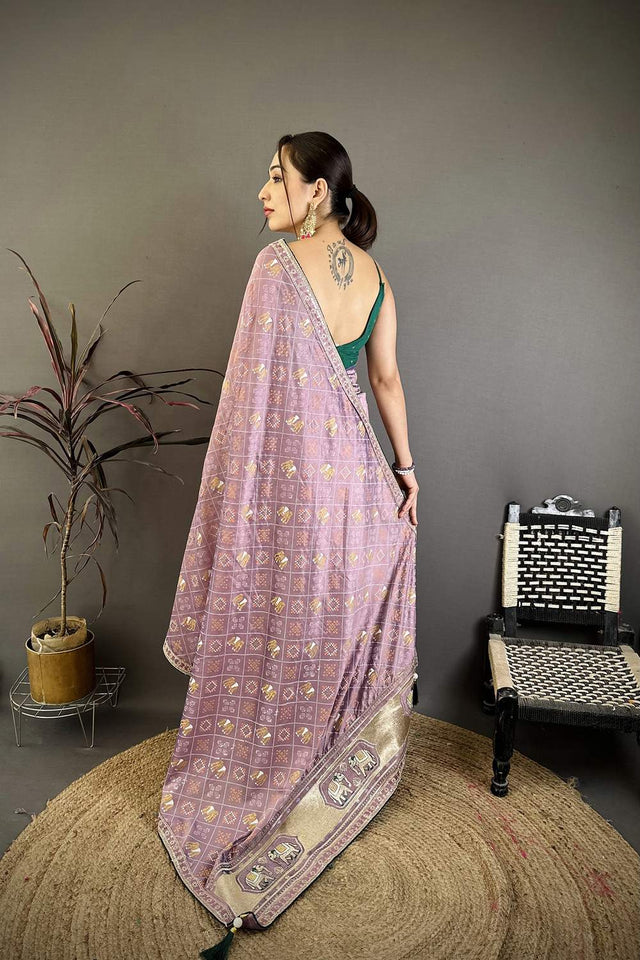 Lavender Bandhani Printed with Zari Woven Border Silk Saree (JK13611)