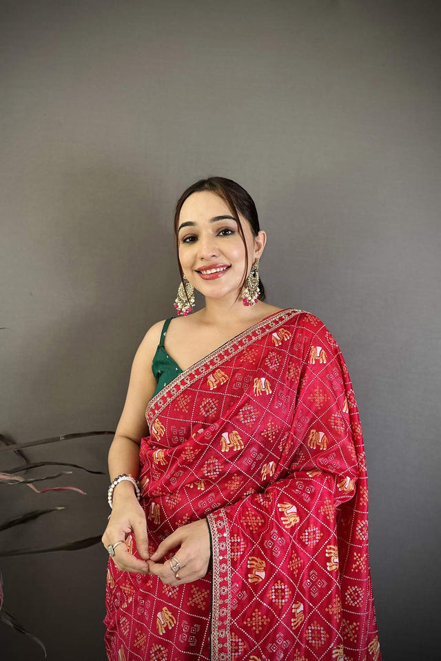 Dark Pink Bandhani Printed with Zari Woven Border Silk Saree (JK13612)