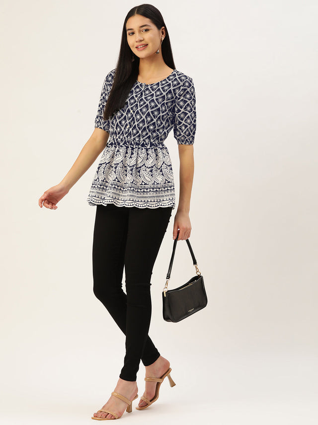 Women's Navy Blue Chikankari Sequin Work Empire Top