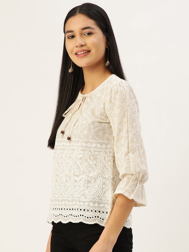 Women's Cream Chikankari Sequin Work Empire Top