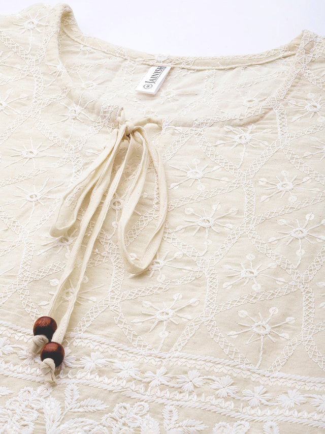 Women's Cream Chikankari Sequin Work Empire Top