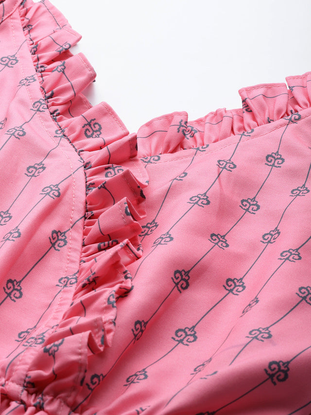 Women's Pink Printed Crop Top With Frills