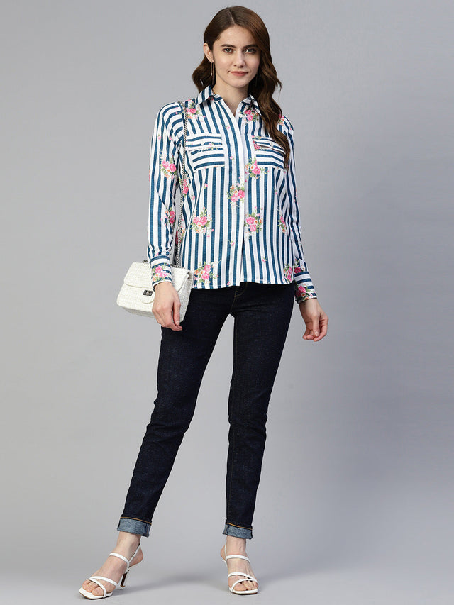 Women's Blue Striped Double Pocket Shirt Style Top