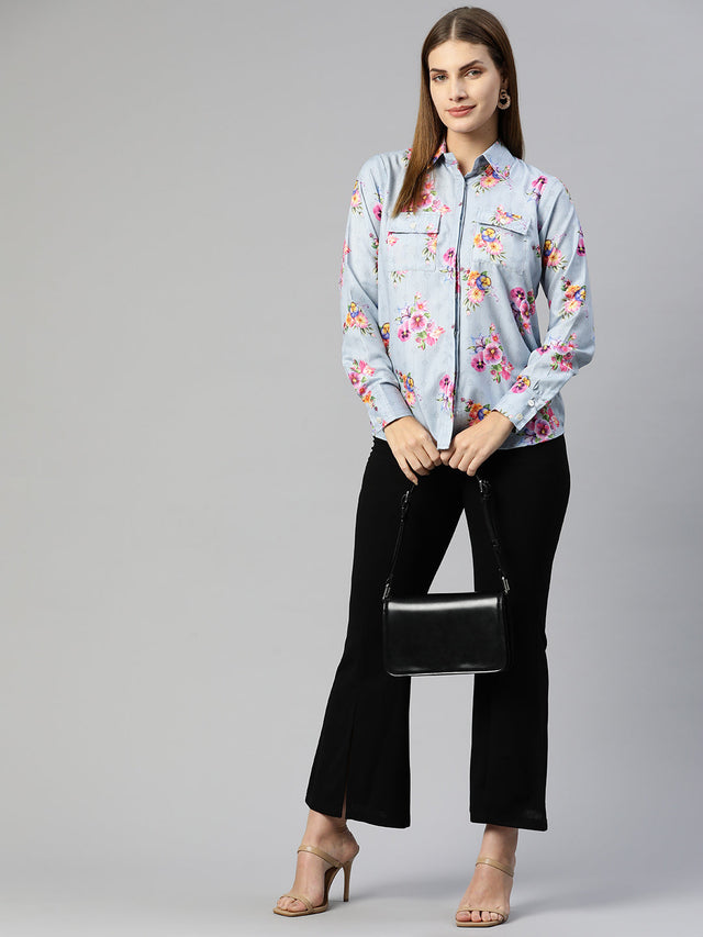 Women's Grey Floral Double Pocket Shirt Style Top