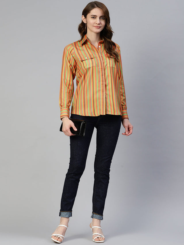 Women's Multi-Color Striped Double Pocket Shirt Style Top