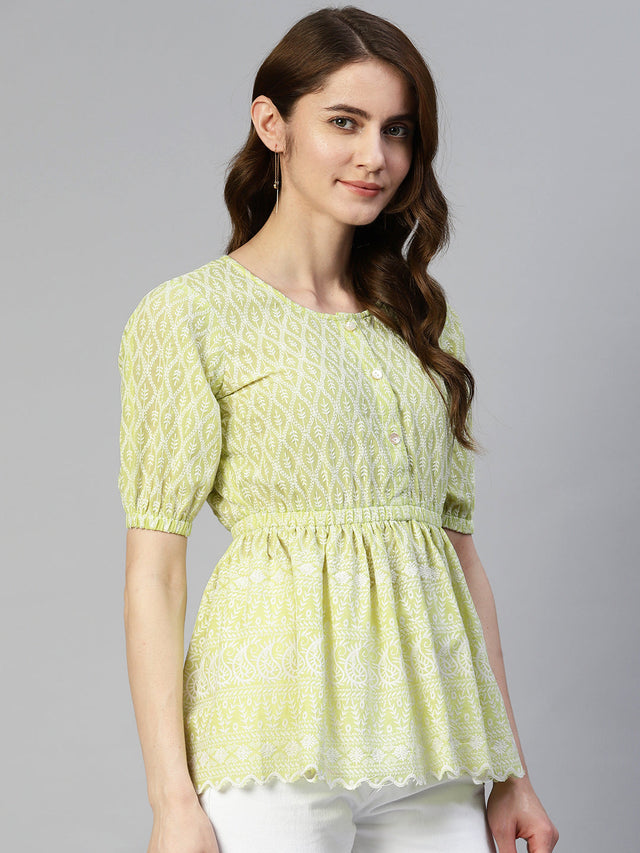 Women's Green Chikankari Work Empire Top