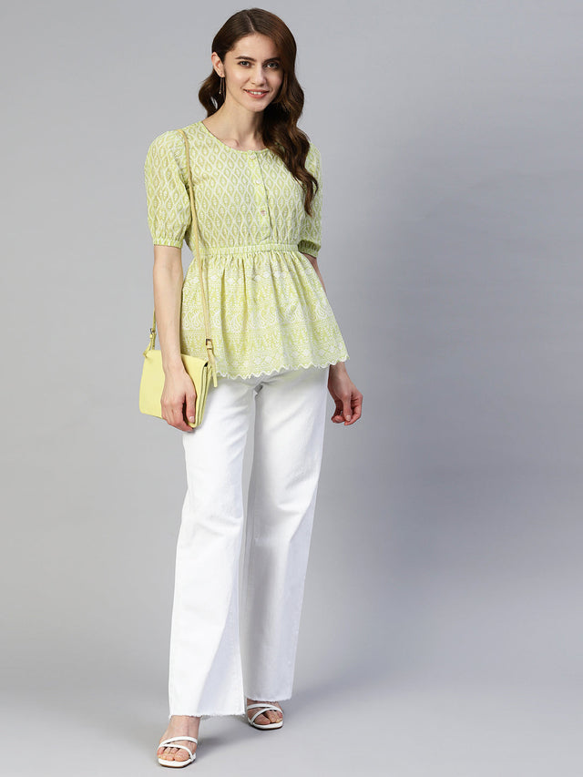 Women's Green Chikankari Work Empire Top