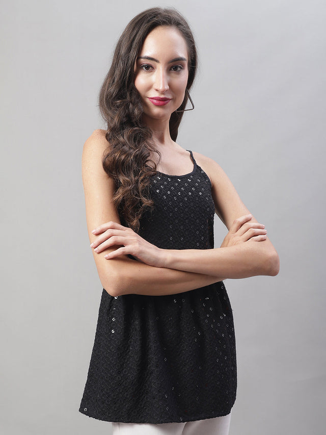 Women's Black Chikankari Sequin Work Empire Top