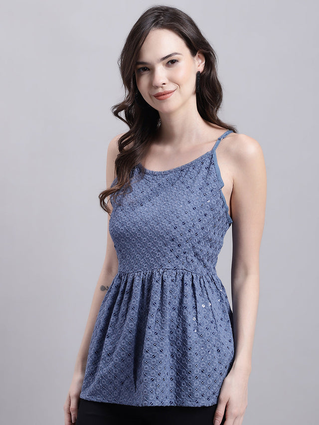 Women's Blue Chikankari Sequin Work Empire Top