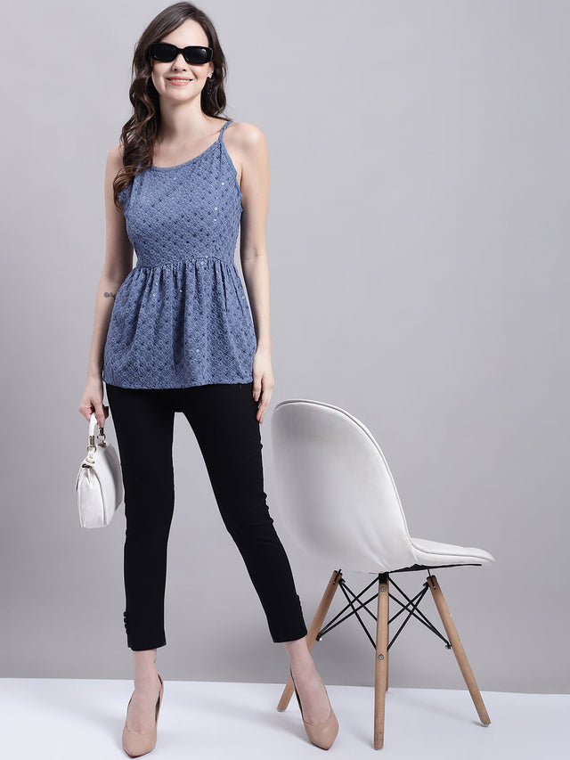 Women's Blue Chikankari Sequin Work Empire Top
