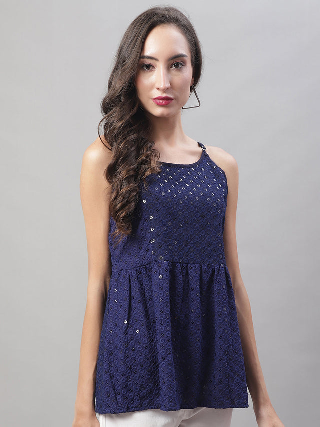 Women's Navy Chikankari Sequin Work Empire Top