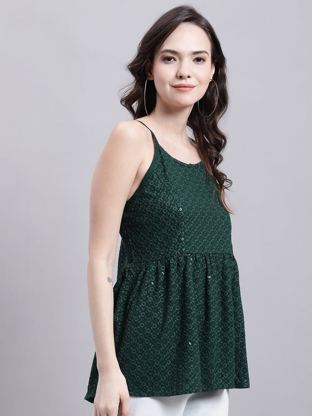 Women's Olive Green Chikankari Sequin Work Empire Top