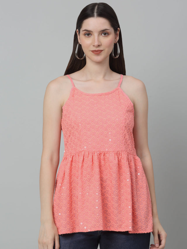 Women's Peach Chikankari Sequin Work Empire Top