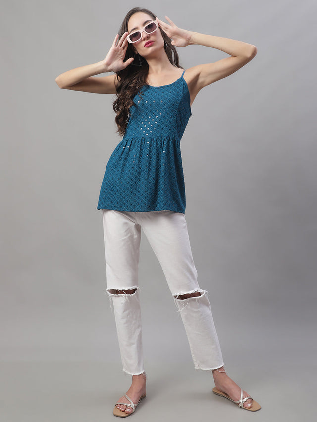 Women's Blue Chikankari Sequin Work Empire Top