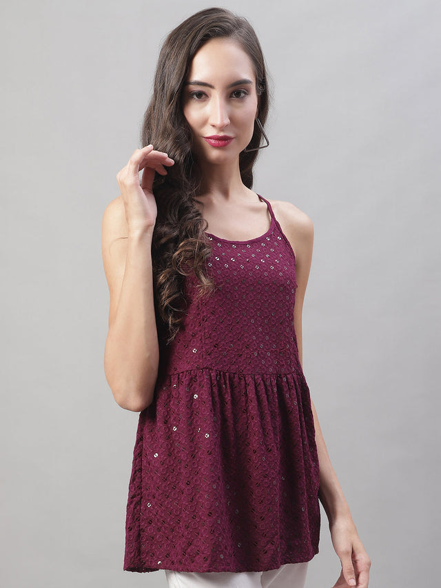 Women's Maroon Chikankari Sequin Work Empire Top